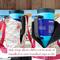 Two red turquoise and yellow floral print water bottle bags are pictured bags holding a 40 ounce Owala tumbler. One bag displays the lining
